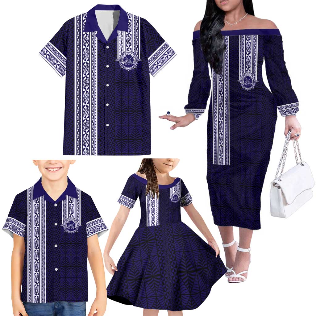 Tonga Queen Salote College 100 years Family Matching Off The Shoulder Long Sleeve Dress and Hawaiian Shirt QSC 1926-2026 Tongan Pattern