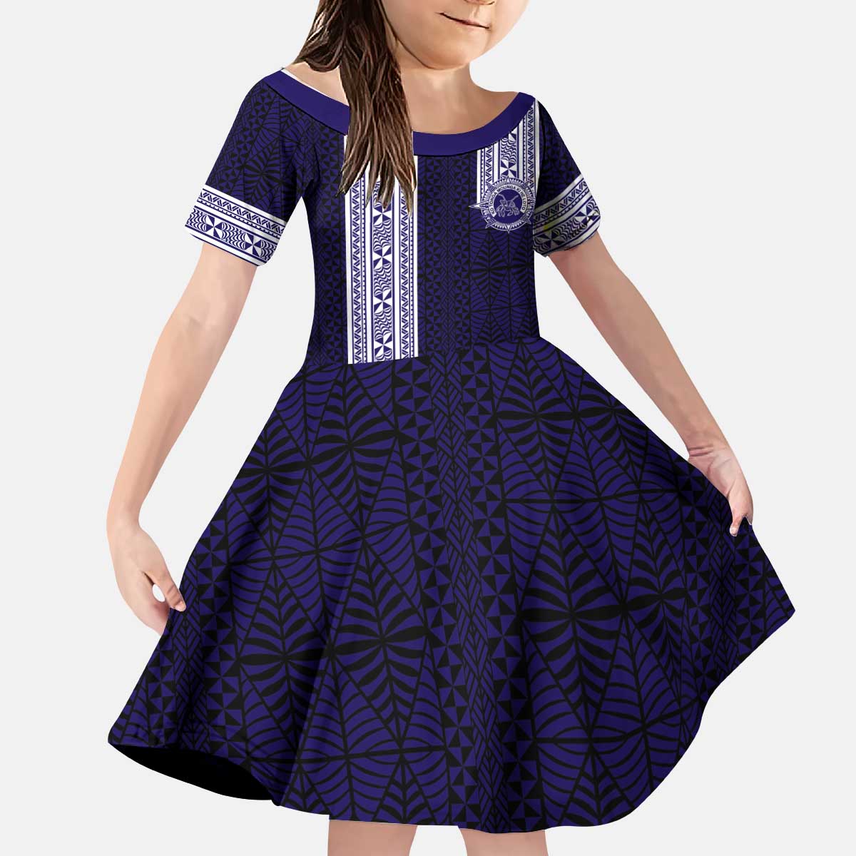 Tonga Queen Salote College 100 years Kid Short Sleeve Dress QSC 1926-2026 Tongan Pattern LT9 KID Blue - Polynesian Pride