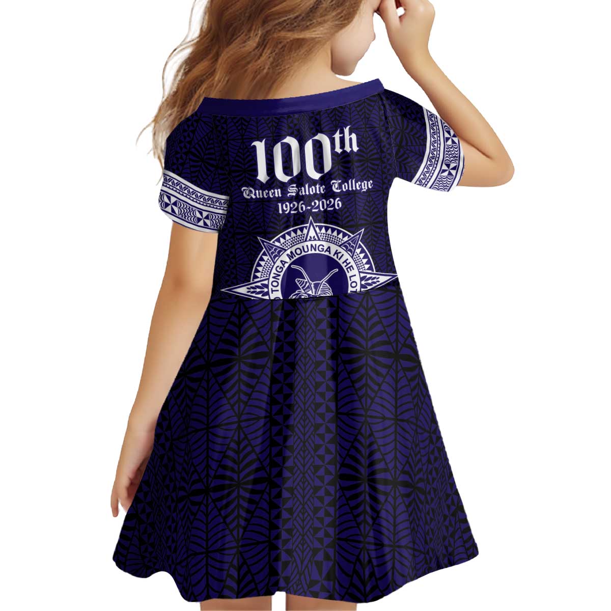 Tonga Queen Salote College 100 years Kid Short Sleeve Dress QSC 1926-2026 Tongan Pattern LT9 - Polynesian Pride