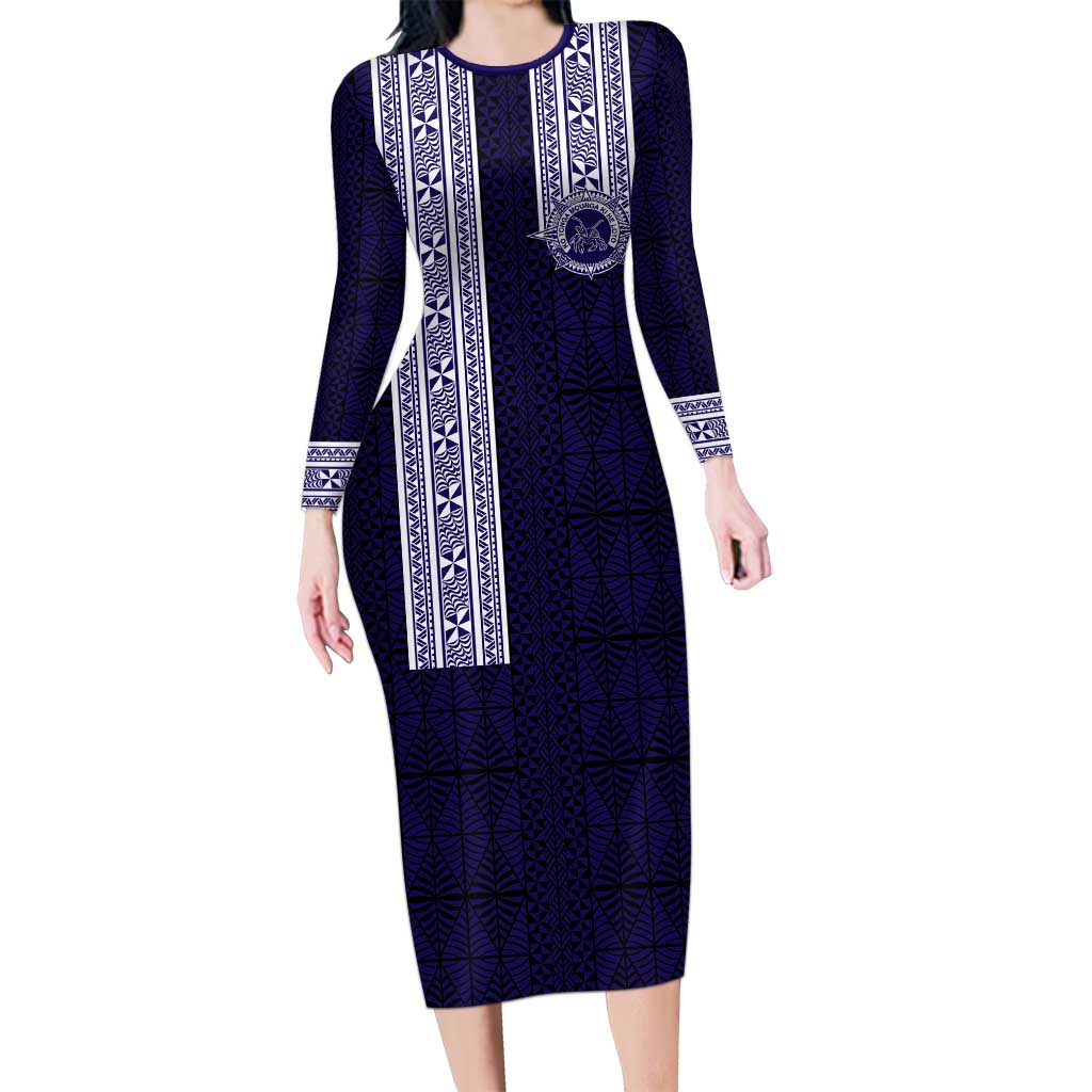 Tonga Queen Salote College 100 years Long Sleeve Bodycon Dress QSC 1926-2026 Tongan Pattern LT9 Long Dress Blue - Polynesian Pride