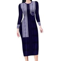 Tonga Queen Salote College 100 years Long Sleeve Bodycon Dress QSC 1926-2026 Tongan Pattern LT9 Long Dress Blue - Polynesian Pride
