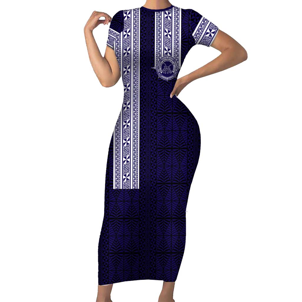 Tonga Queen Salote College 100 years Short Sleeve Bodycon Dress QSC 1926-2026 Tongan Pattern LT9 Long Dress Blue - Polynesian Pride