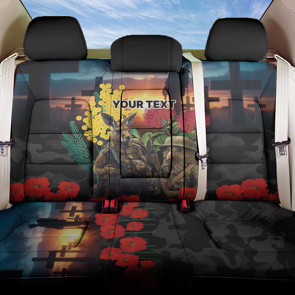 Kangaroo-Kiwi Soldier ANZAC Personalised Back Car Seat Cover Golden Wattle and Pohutukawa Flowers