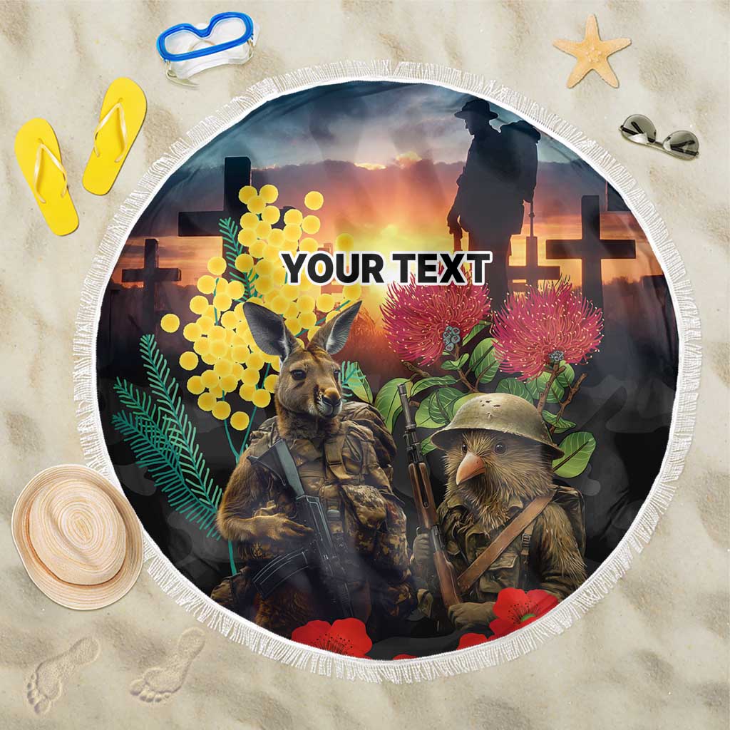 Kangaroo-Kiwi Soldier ANZAC Personalised Beach Blanket Golden Wattle and Pohutukawa Flowers