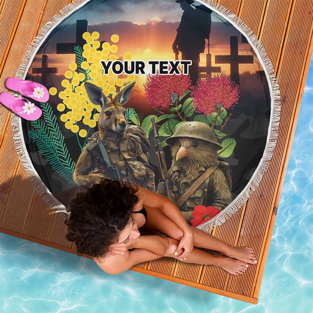 Kangaroo-Kiwi Soldier ANZAC Personalised Beach Blanket Golden Wattle and Pohutukawa Flowers