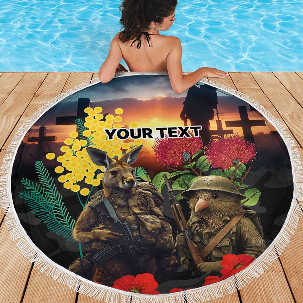 Kangaroo-Kiwi Soldier ANZAC Personalised Beach Blanket Golden Wattle and Pohutukawa Flowers