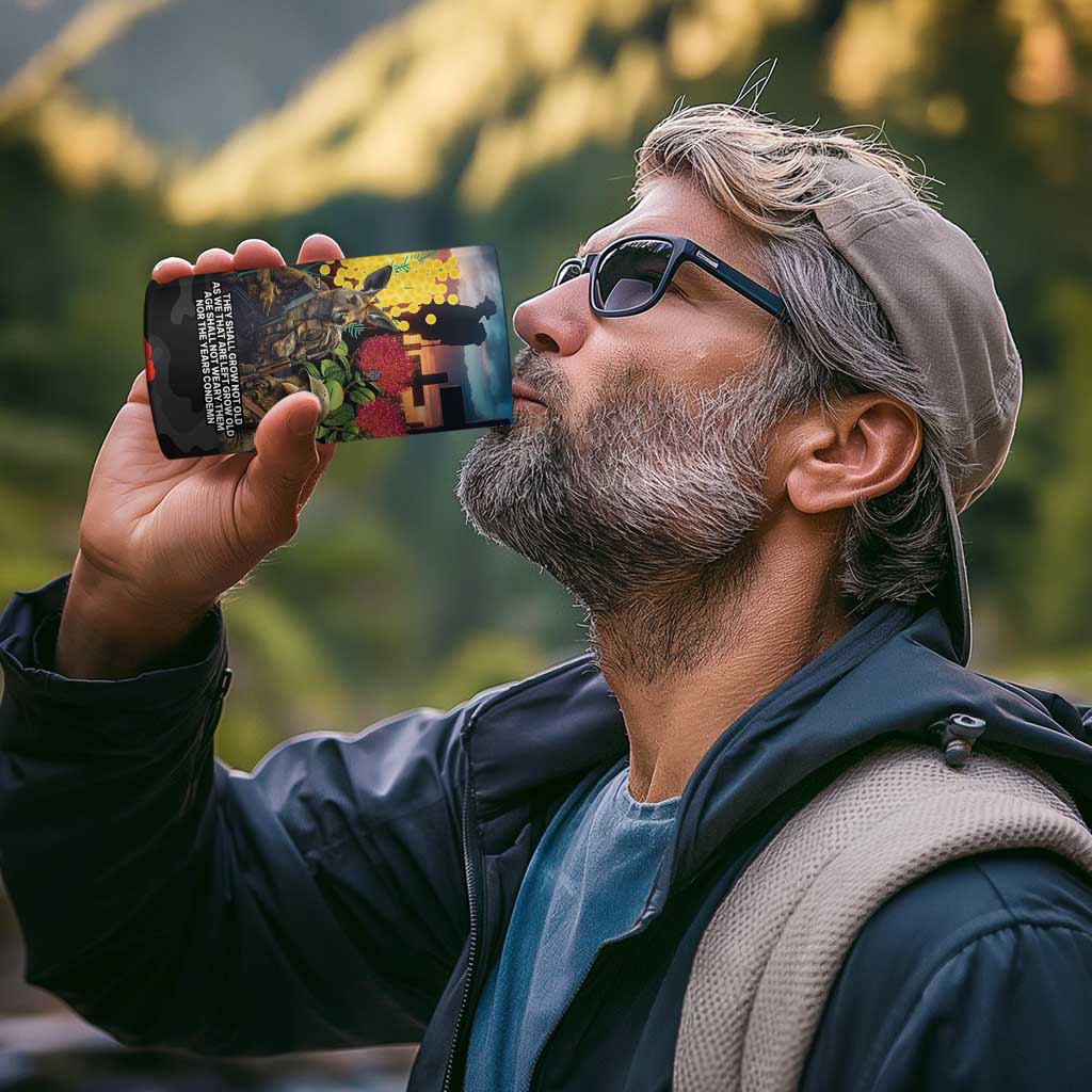 Kangaroo-Kiwi Soldier ANZAC Personalised 4 in 1 Can Cooler Tumbler Golden Wattle and Pohutukawa Flowers