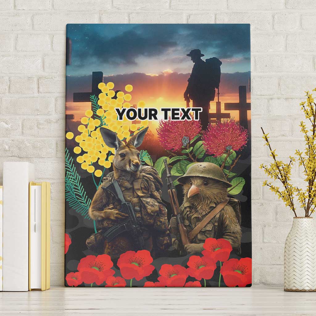Kangaroo-Kiwi Soldier ANZAC Personalised Canvas Wall Art Golden Wattle and Pohutukawa Flowers