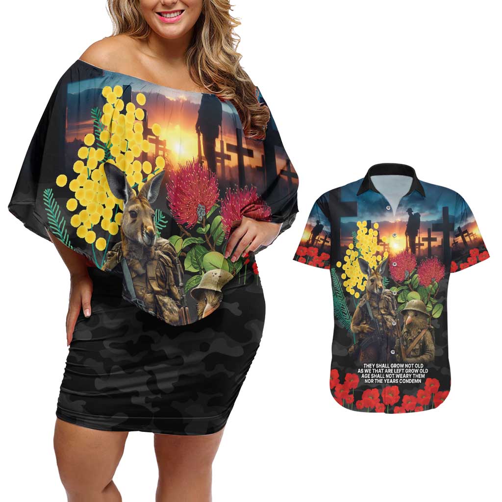 Kangaroo-Kiwi Soldier ANZAC Personalised Couples Matching Off Shoulder Short Dress and Hawaiian Shirt Golden Wattle and Pohutukawa Flowers