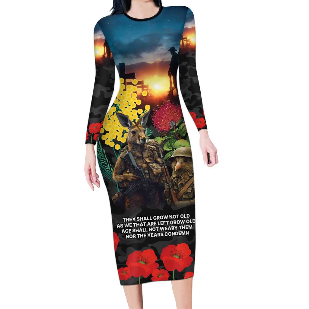 Kangaroo-Kiwi Soldier ANZAC Personalised Family Matching Long Sleeve Bodycon Dress and Hawaiian Shirt Golden Wattle and Pohutukawa Flowers