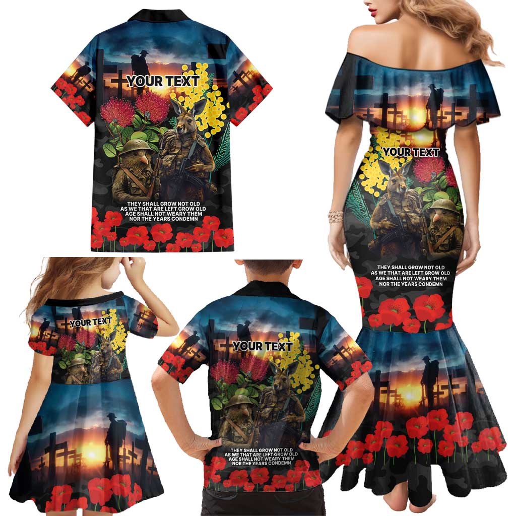 Kangaroo-Kiwi Soldier ANZAC Personalised Family Matching Mermaid Dress and Hawaiian Shirt Golden Wattle and Pohutukawa Flowers
