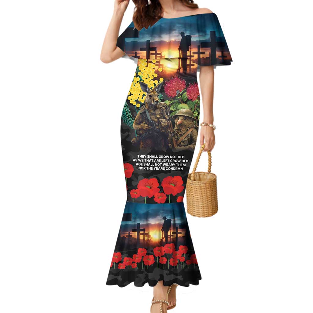 Kangaroo-Kiwi Soldier ANZAC Personalised Family Matching Mermaid Dress and Hawaiian Shirt Golden Wattle and Pohutukawa Flowers