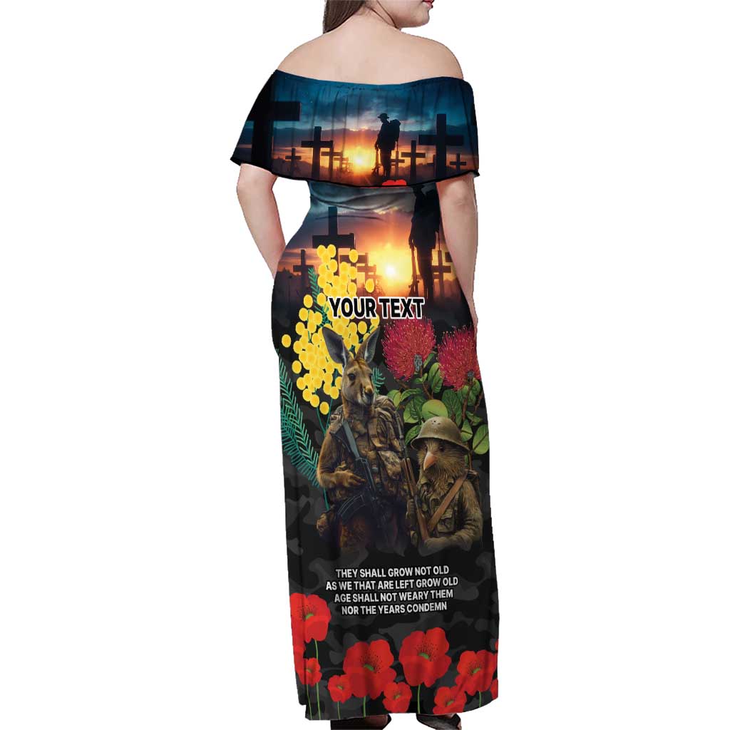 Kangaroo-Kiwi Soldier ANZAC Personalised Family Matching Off Shoulder Maxi Dress and Hawaiian Shirt Golden Wattle and Pohutukawa Flowers