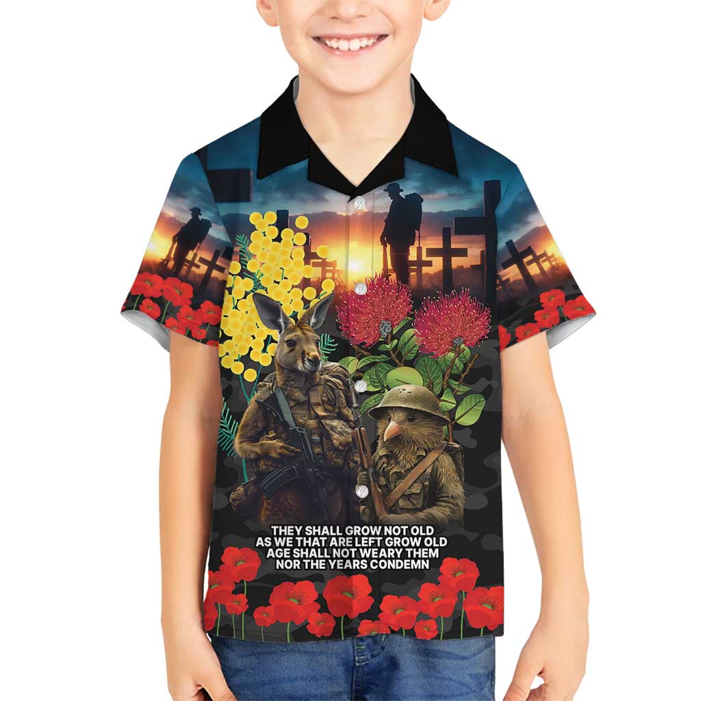 Kangaroo-Kiwi Soldier ANZAC Personalised Family Matching Puletasi and Hawaiian Shirt Golden Wattle and Pohutukawa Flowers