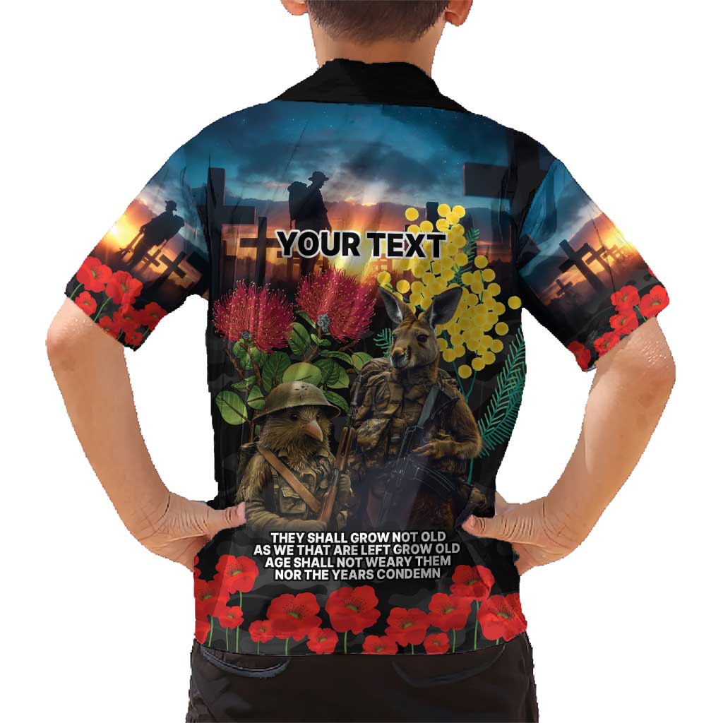 Kangaroo-Kiwi Soldier ANZAC Personalised Family Matching Short Sleeve Bodycon Dress and Hawaiian Shirt Golden Wattle and Pohutukawa Flowers