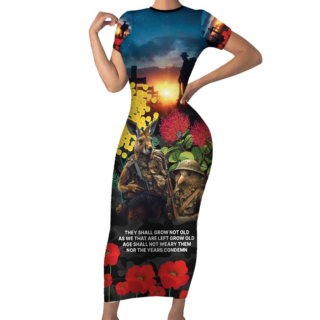 Kangaroo-Kiwi Soldier ANZAC Personalised Family Matching Short Sleeve Bodycon Dress and Hawaiian Shirt Golden Wattle and Pohutukawa Flowers