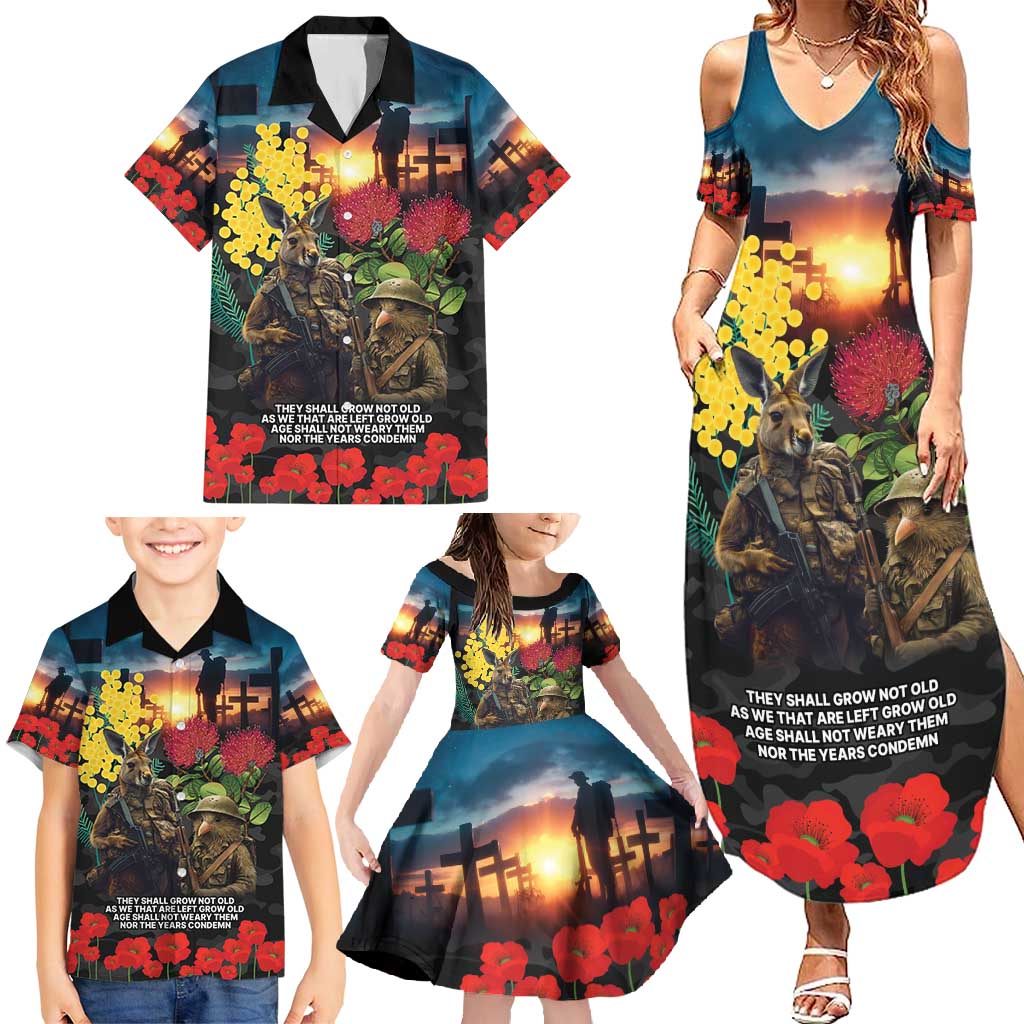 Kangaroo-Kiwi Soldier ANZAC Personalised Family Matching Summer Maxi Dress and Hawaiian Shirt Golden Wattle and Pohutukawa Flowers