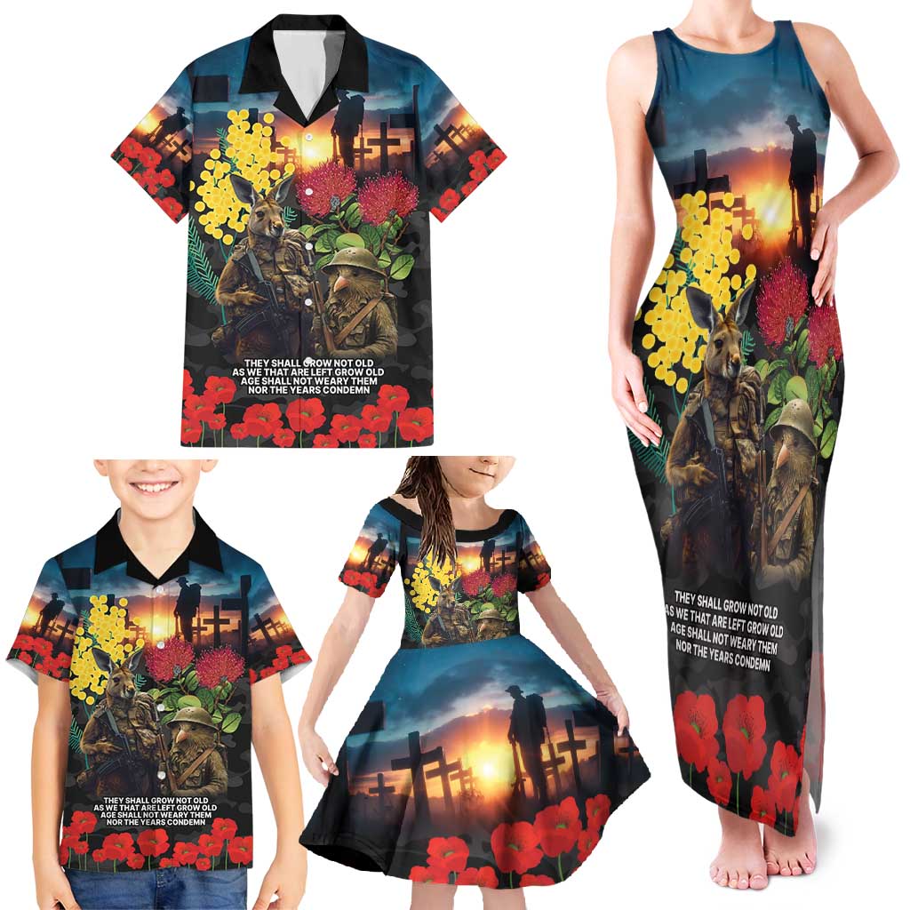 Kangaroo-Kiwi Soldier ANZAC Personalised Family Matching Tank Maxi Dress and Hawaiian Shirt Golden Wattle and Pohutukawa Flowers