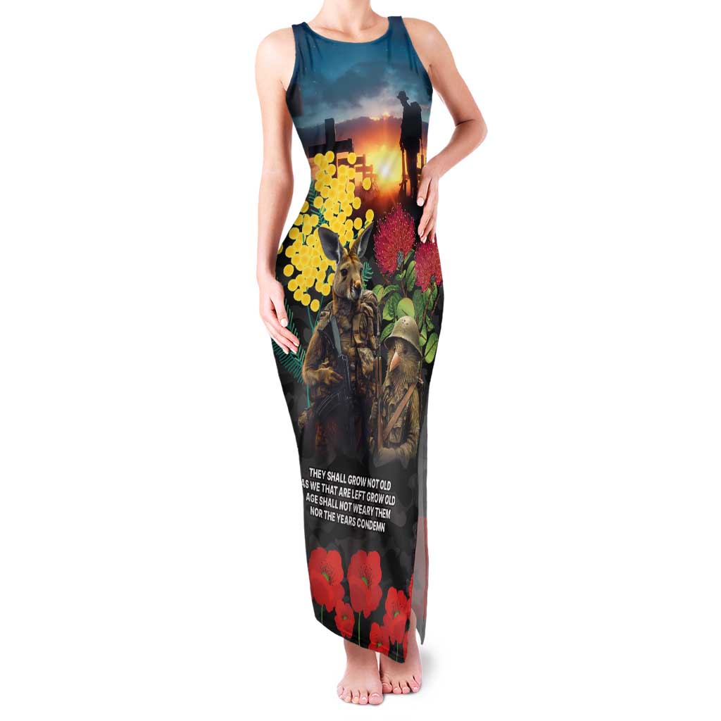 Kangaroo-Kiwi Soldier ANZAC Personalised Family Matching Tank Maxi Dress and Hawaiian Shirt Golden Wattle and Pohutukawa Flowers