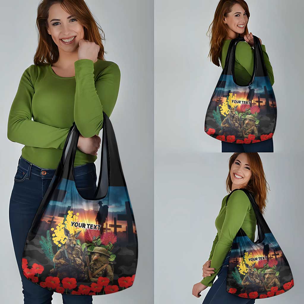Kangaroo-Kiwi Soldier ANZAC Personalised Grocery Bag Golden Wattle and Pohutukawa Flowers