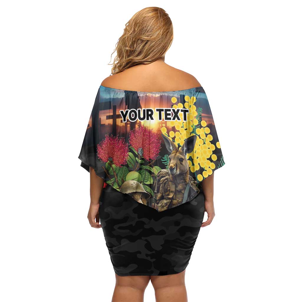 Kangaroo-Kiwi Soldier ANZAC Personalised Off Shoulder Short Dress Golden Wattle and Pohutukawa Flowers