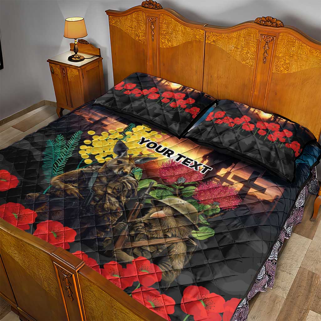 Kangaroo-Kiwi Soldier ANZAC Personalised Quilt Bed Set Golden Wattle and Pohutukawa Flowers