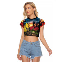 Kangaroo-Kiwi Soldier ANZAC Personalised Raglan Cropped T Shirt Golden Wattle and Pohutukawa Flowers