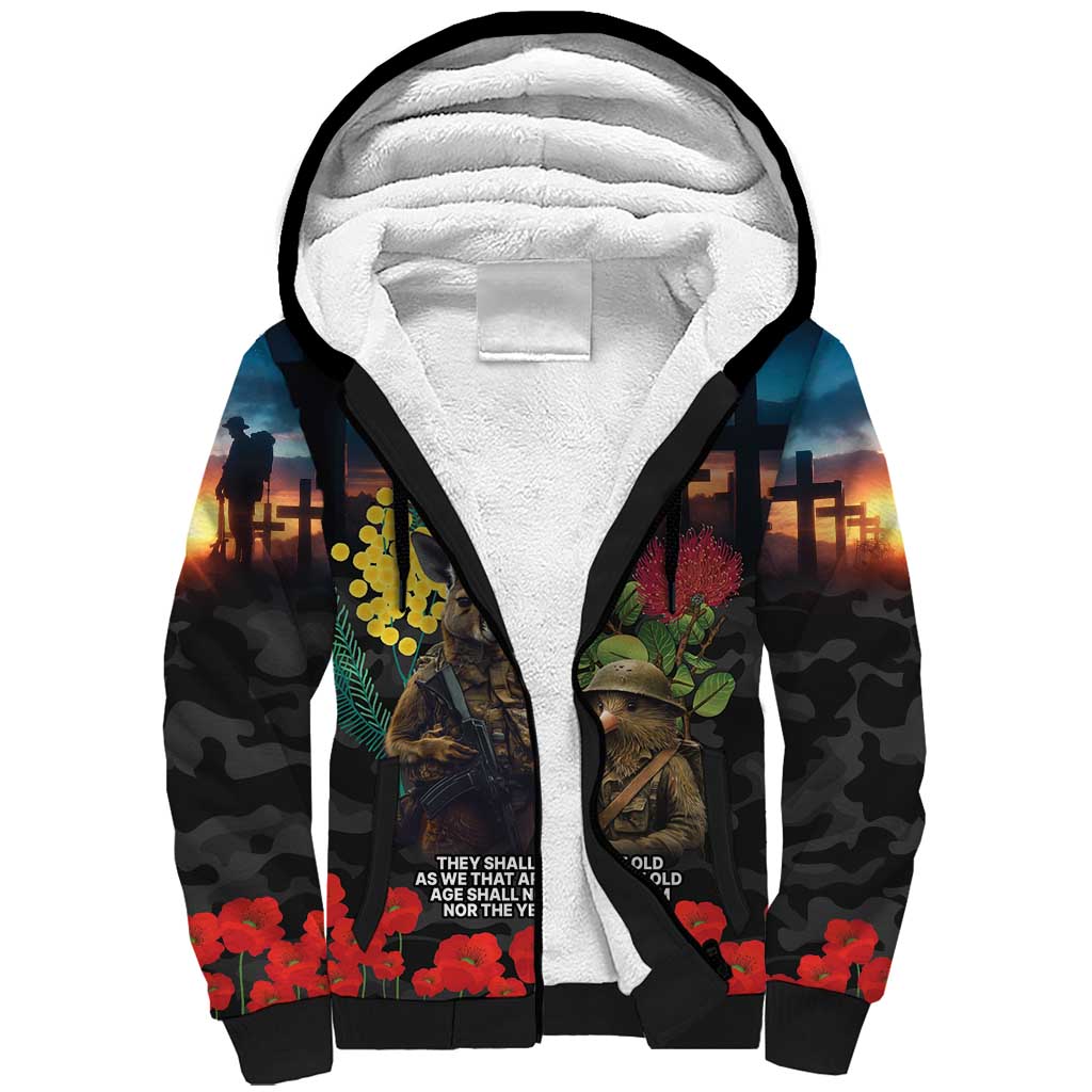Kangaroo-Kiwi Soldier ANZAC Personalised Sherpa Hoodie Golden Wattle and Pohutukawa Flowers
