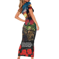 Kangaroo-Kiwi Soldier ANZAC Personalised Short Sleeve Bodycon Dress Golden Wattle and Pohutukawa Flowers