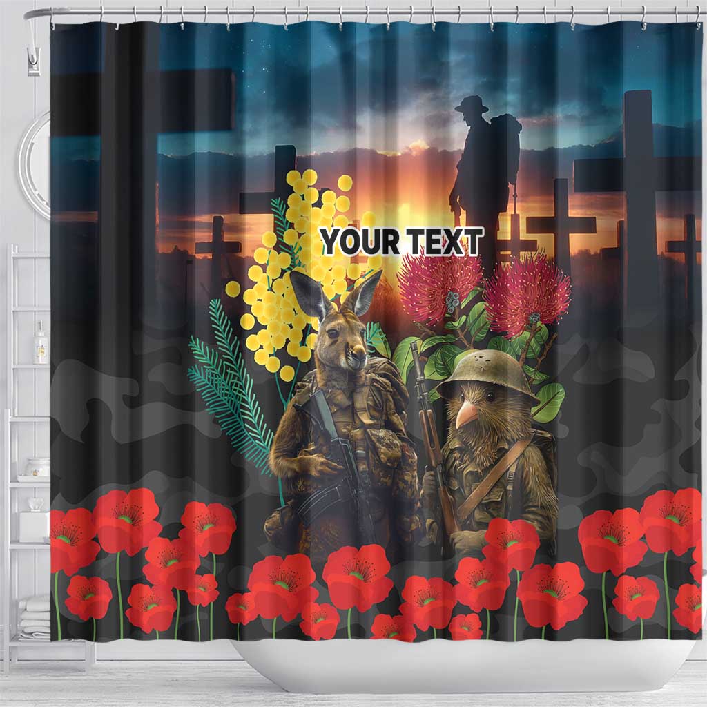 Kangaroo-Kiwi Soldier ANZAC Personalised Shower Curtain Golden Wattle and Pohutukawa Flowers