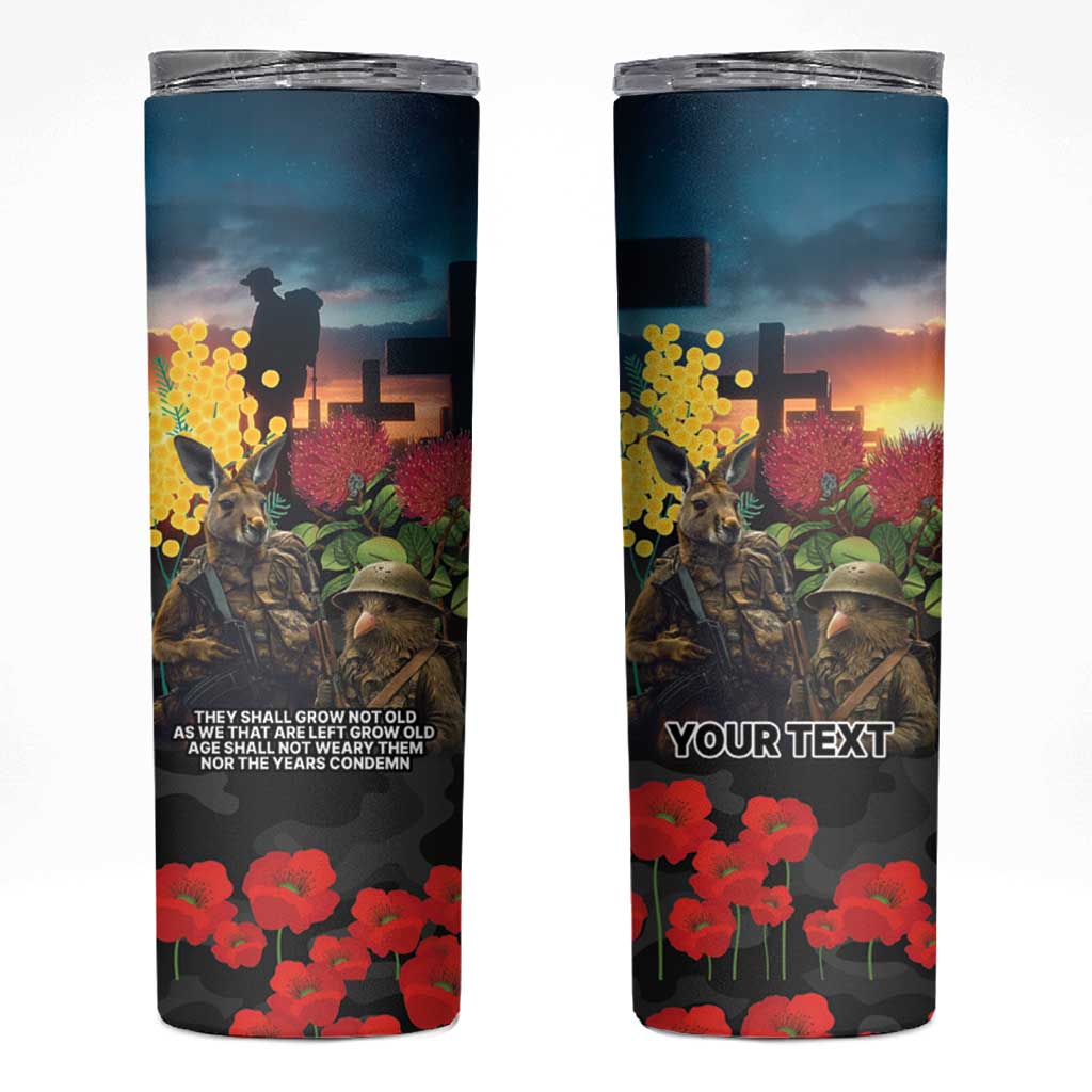 Kangaroo-Kiwi Soldier ANZAC Personalised Skinny Tumbler Golden Wattle and Pohutukawa Flowers