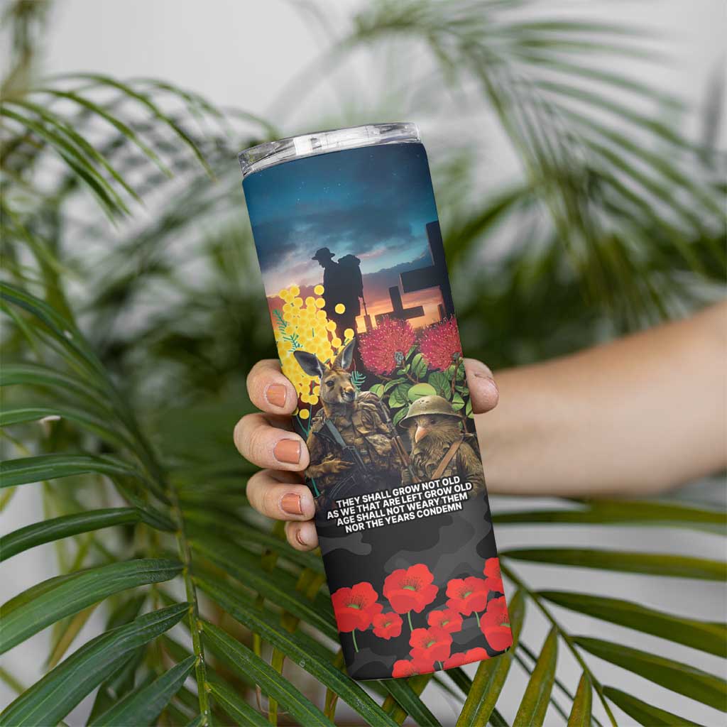 Kangaroo-Kiwi Soldier ANZAC Personalised Skinny Tumbler Golden Wattle and Pohutukawa Flowers