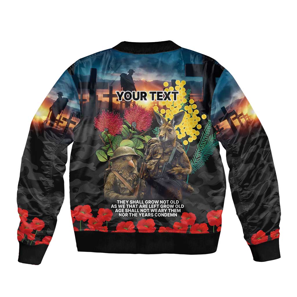 Kangaroo-Kiwi Soldier ANZAC Personalised Sleeve Zip Bomber Jacket Golden Wattle and Pohutukawa Flowers