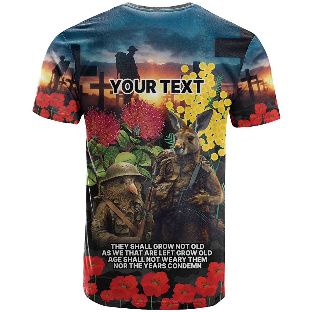 Kangaroo-Kiwi Soldier ANZAC Personalised T Shirt Golden Wattle and Pohutukawa Flowers