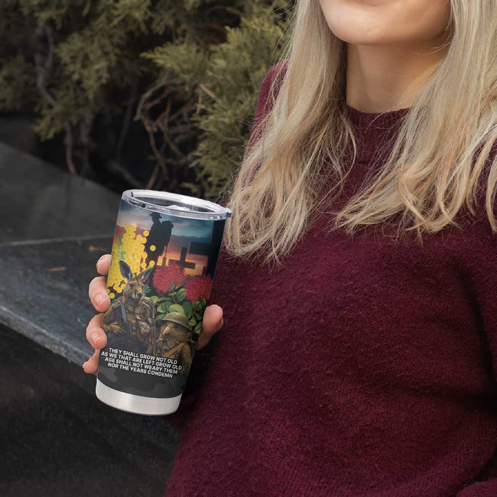 Kangaroo-Kiwi Soldier ANZAC Personalised Tumbler Cup Golden Wattle and Pohutukawa Flowers