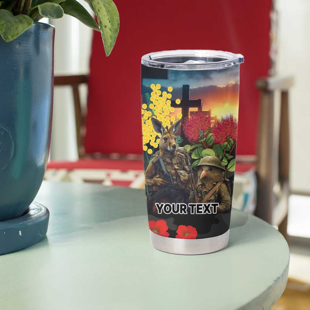 Kangaroo-Kiwi Soldier ANZAC Personalised Tumbler Cup Golden Wattle and Pohutukawa Flowers