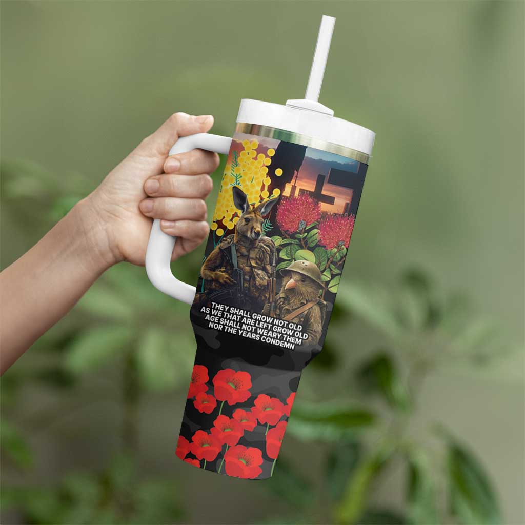 Kangaroo-Kiwi Soldier ANZAC Personalised Tumbler With Handle Golden Wattle and Pohutukawa Flowers