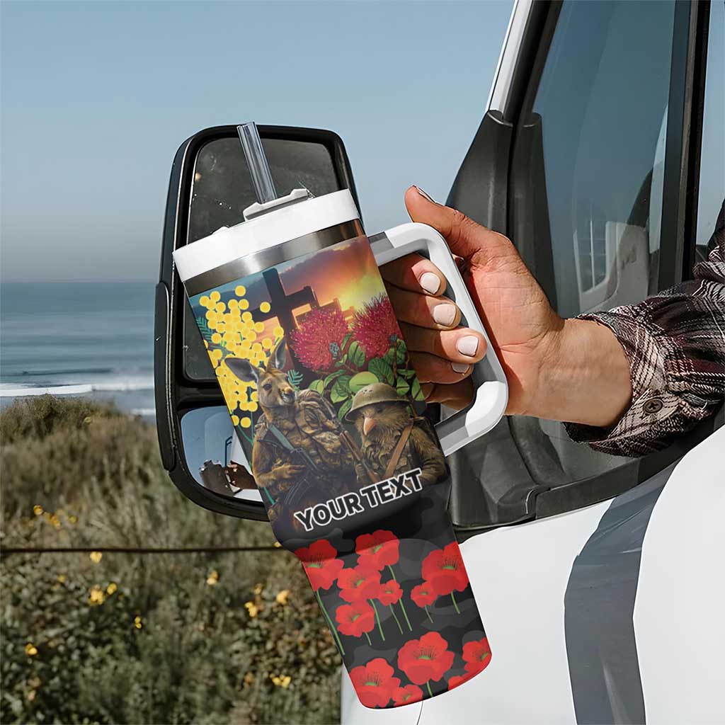 Kangaroo-Kiwi Soldier ANZAC Personalised Tumbler With Handle Golden Wattle and Pohutukawa Flowers