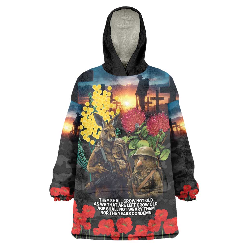 Kangaroo-Kiwi Soldier ANZAC Personalised Wearable Blanket Hoodie Golden Wattle and Pohutukawa Flowers