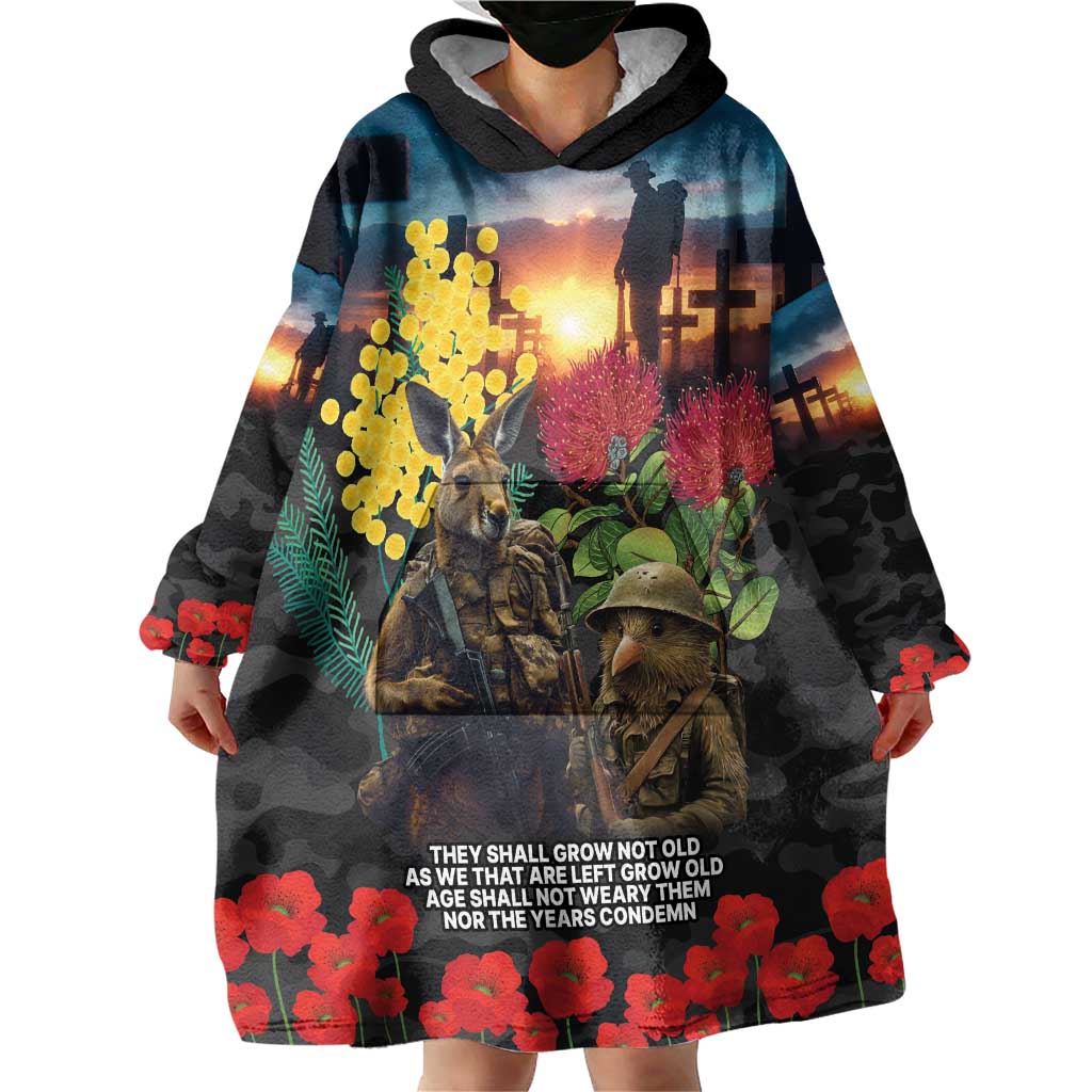 Kangaroo-Kiwi Soldier ANZAC Personalised Wearable Blanket Hoodie Golden Wattle and Pohutukawa Flowers
