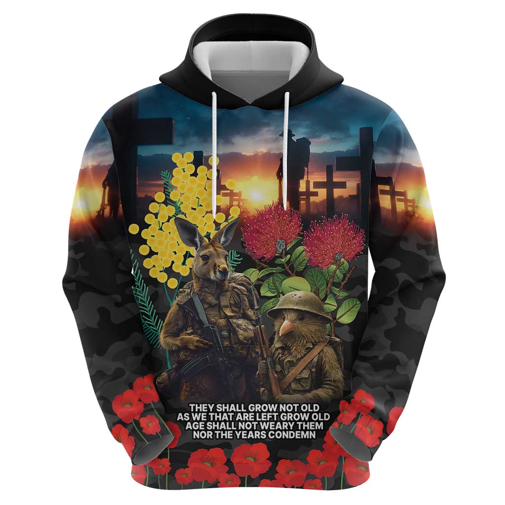 Kangaroo-Kiwi Soldier ANZAC Personalised Zip Hoodie Golden Wattle and Pohutukawa Flowers
