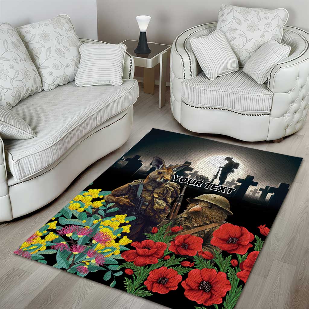 Kangaroo-Kiwi Soldier ANZAC Personalised Area Rug Golden Wattle Poppy Flowers