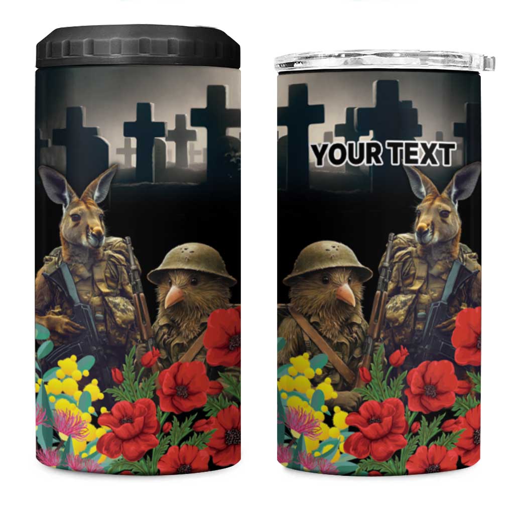 Kangaroo-Kiwi Soldier ANZAC Personalised 4 in 1 Can Cooler Tumbler Golden Wattle Poppy Flowers