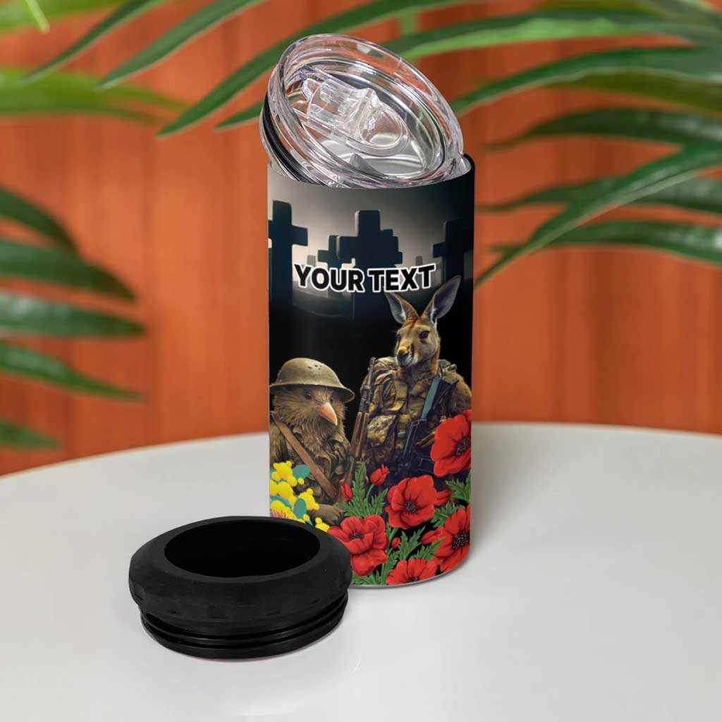 Kangaroo-Kiwi Soldier ANZAC Personalised 4 in 1 Can Cooler Tumbler Golden Wattle Poppy Flowers