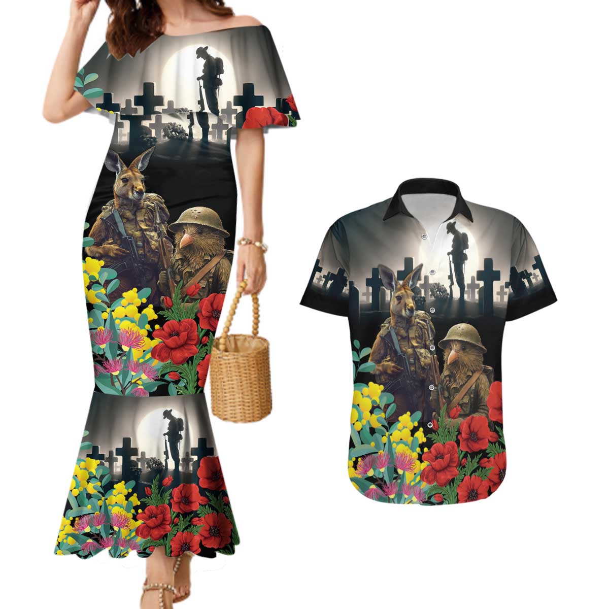 Kangaroo-Kiwi Soldier ANZAC Personalised Couples Matching Mermaid Dress and Hawaiian Shirt Golden Wattle Poppy Flowers