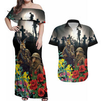 Kangaroo-Kiwi Soldier ANZAC Personalised Couples Matching Off Shoulder Maxi Dress and Hawaiian Shirt Golden Wattle Poppy Flowers