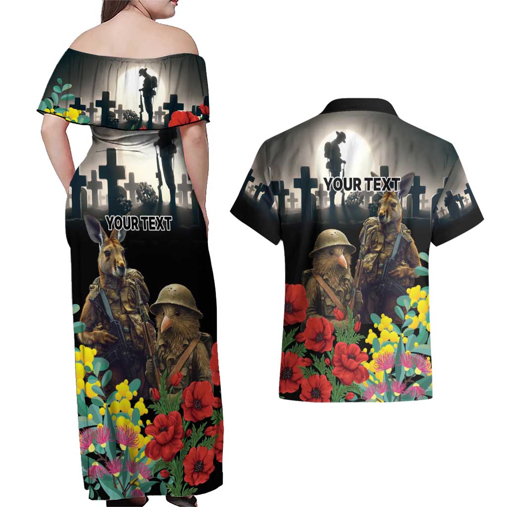 Kangaroo-Kiwi Soldier ANZAC Personalised Couples Matching Off Shoulder Maxi Dress and Hawaiian Shirt Golden Wattle Poppy Flowers