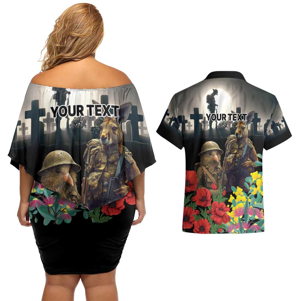Kangaroo-Kiwi Soldier ANZAC Personalised Couples Matching Off Shoulder Short Dress and Hawaiian Shirt Golden Wattle Poppy Flowers