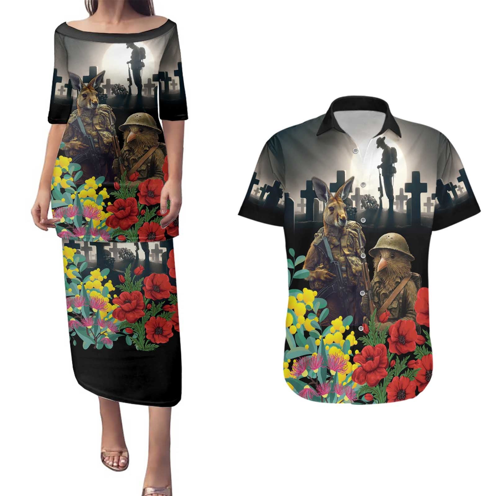 Kangaroo-Kiwi Soldier ANZAC Personalised Couples Matching Puletasi and Hawaiian Shirt Golden Wattle Poppy Flowers