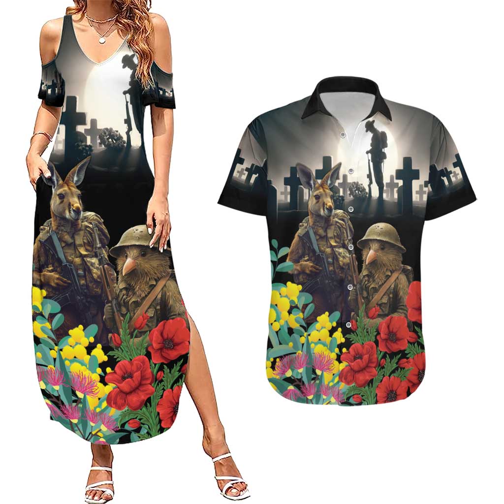 Kangaroo-Kiwi Soldier ANZAC Personalised Couples Matching Summer Maxi Dress and Hawaiian Shirt Golden Wattle Poppy Flowers